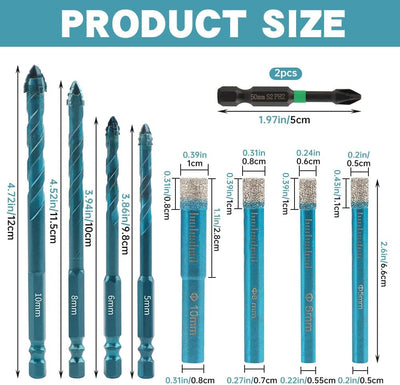 Set 10 Brocas Diamante 3/16-3/8pulg Para Porcelana Cerámica