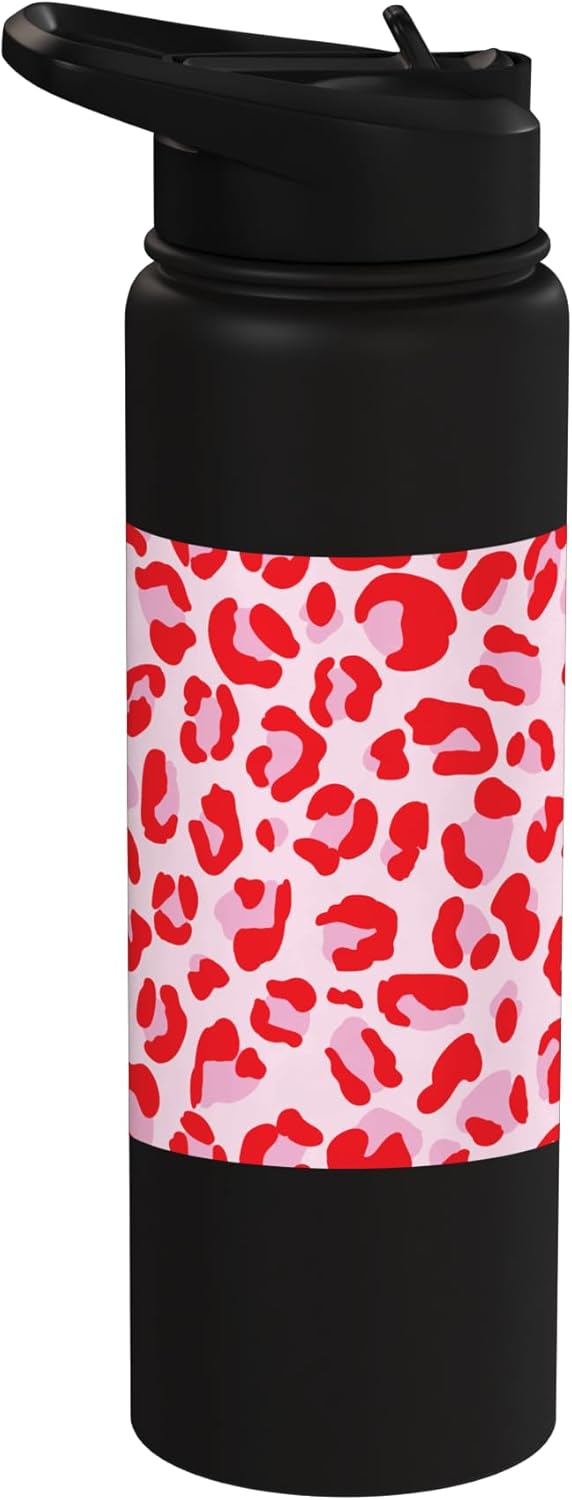 Botella de agua acero inoxidable estampado leopardo rojo y rosa