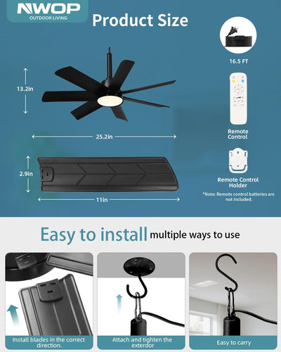 Ventilador techo exterior 28pulg LED control remoto 6 vel