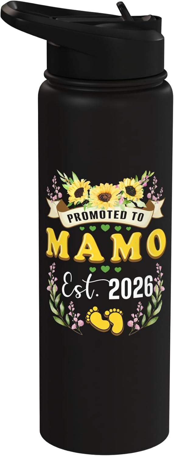 Botella de agua acero inoxidable aislada con flores de girasol para mamá