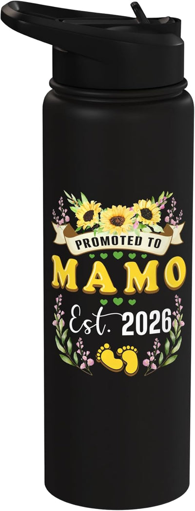 Botella de agua acero inoxidable aislada con flores de girasol para mamá