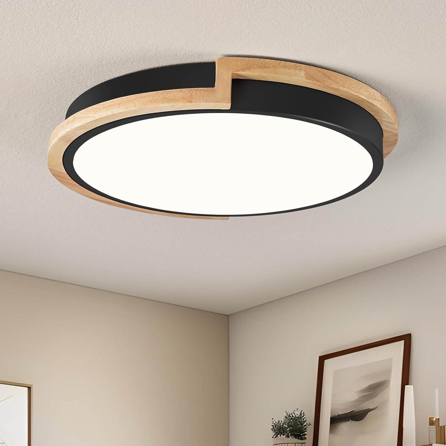 Lámpara LED techo redonda negro mate madera cocina dormitorio