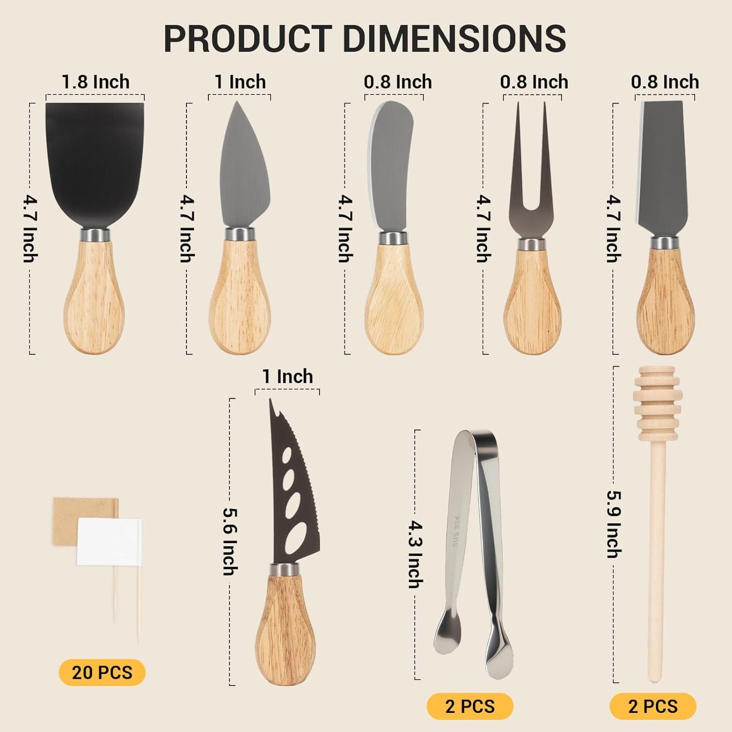 Juego de accesorios para tabla de charcutería con cuchillos de queso y madera