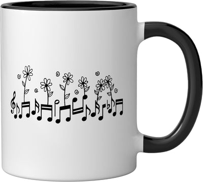 Taza cerámica Musicpulgada Woods con flores negra/blanca