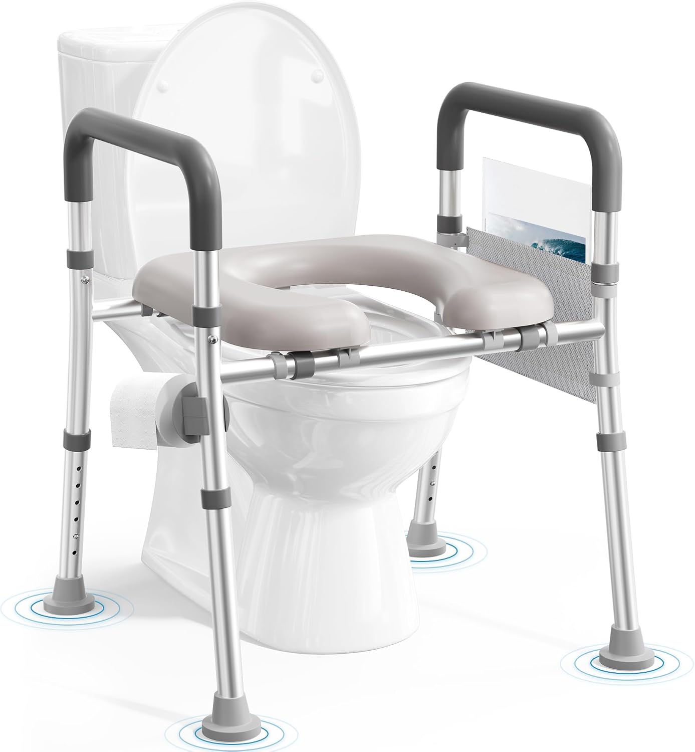 Asiento inodoro elevado con asas ajustables para adultos mayores