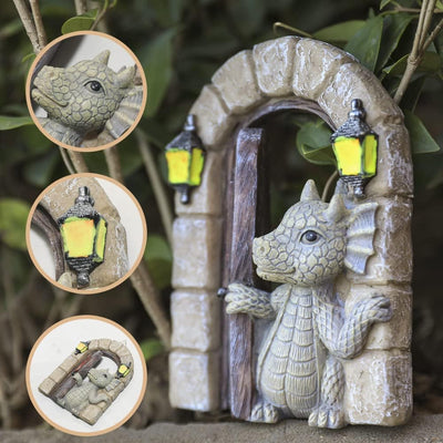 Adorno jardín dragón resina estatua hada puerta patio