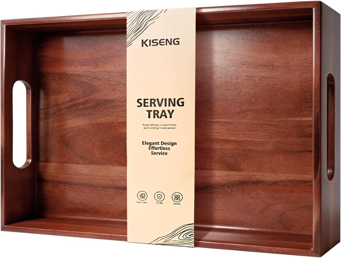 Bandeja grande de madera de acacia con asas para alimentos y bebidas