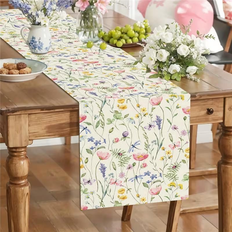 Camino de mesa floral de libélula y mariposa 13 x 72 pulgadas