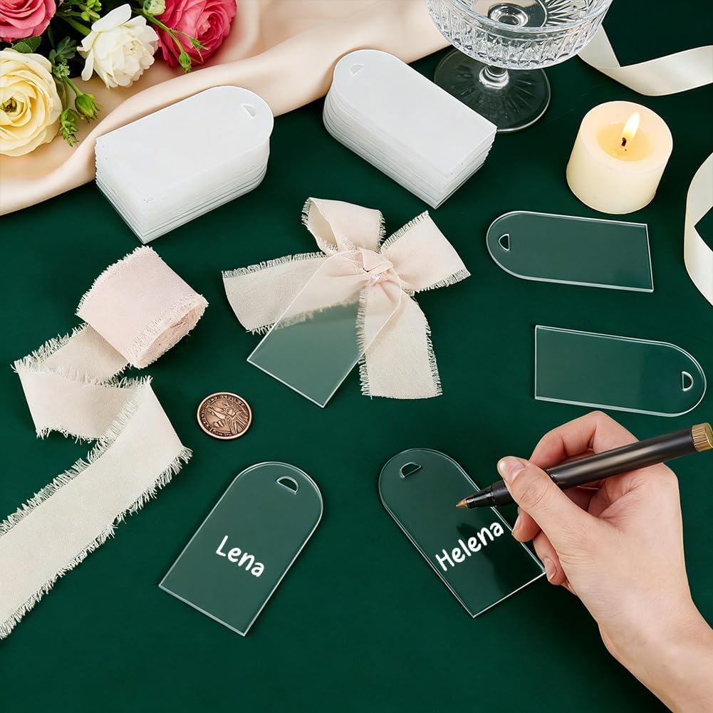 Tarjetas de nombre PandaHall de acrílico para mesa con ribbons blancos