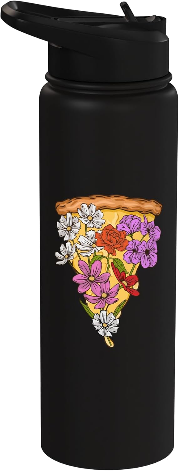 Bote de agua acero inoxidable aislado diseño flores pizza para amante de pizza