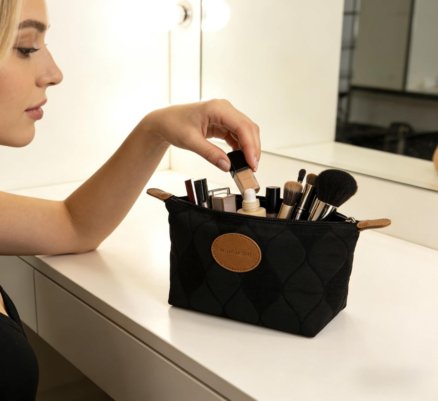 Bolsa maquillaje algodón funda organizadora con cremallera negro