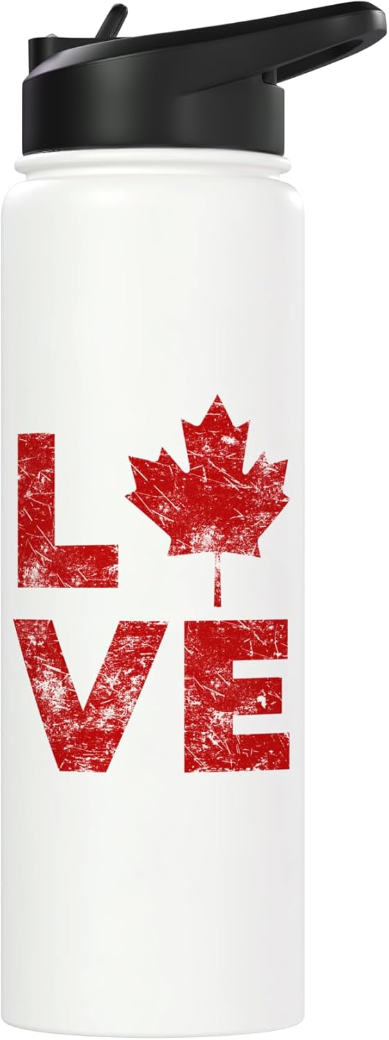 Botella de agua aislada retro con hoja de maple canadiense