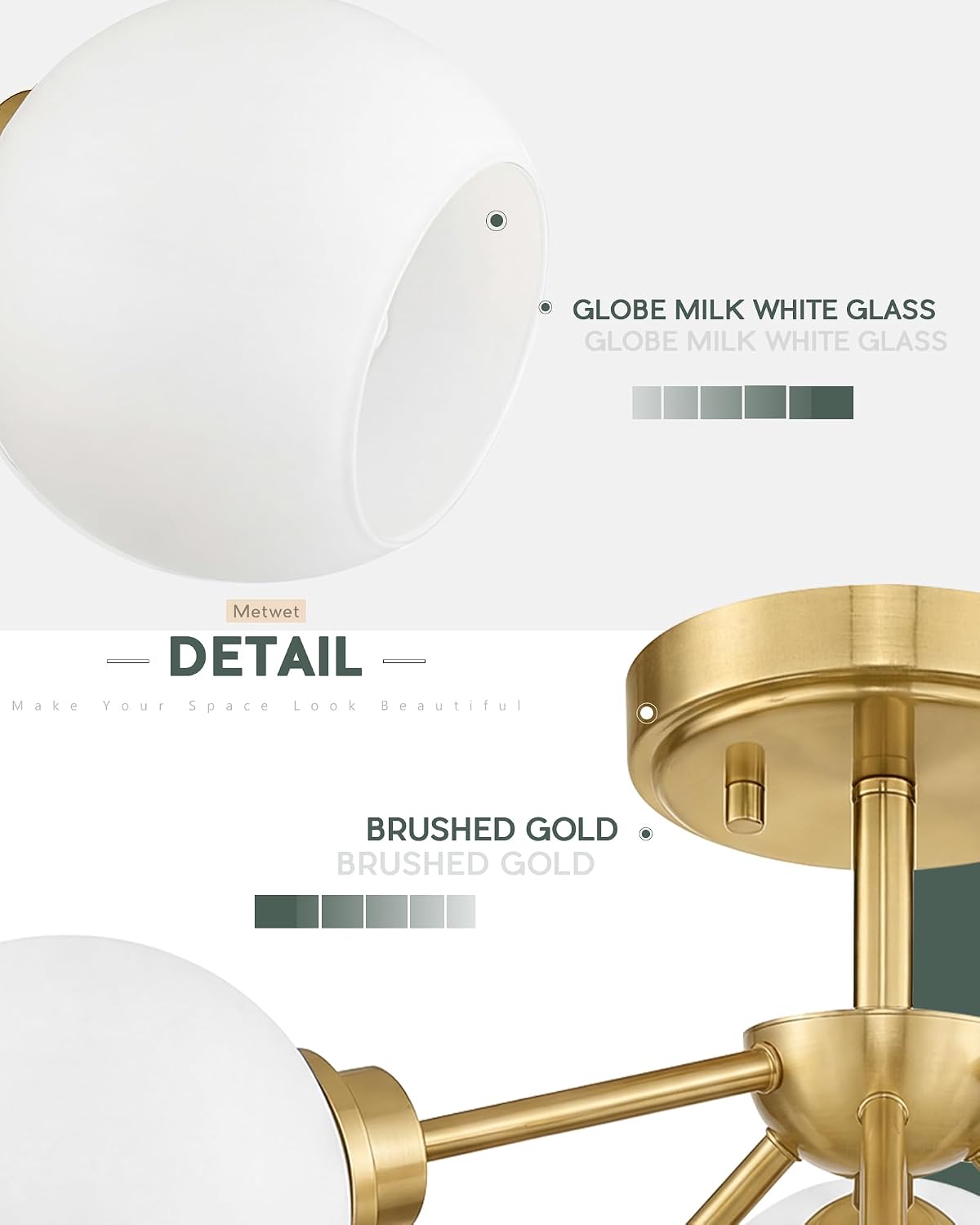 Lámpara techo 6 luces 22pulg vidrio blanco leche dorado cocina
