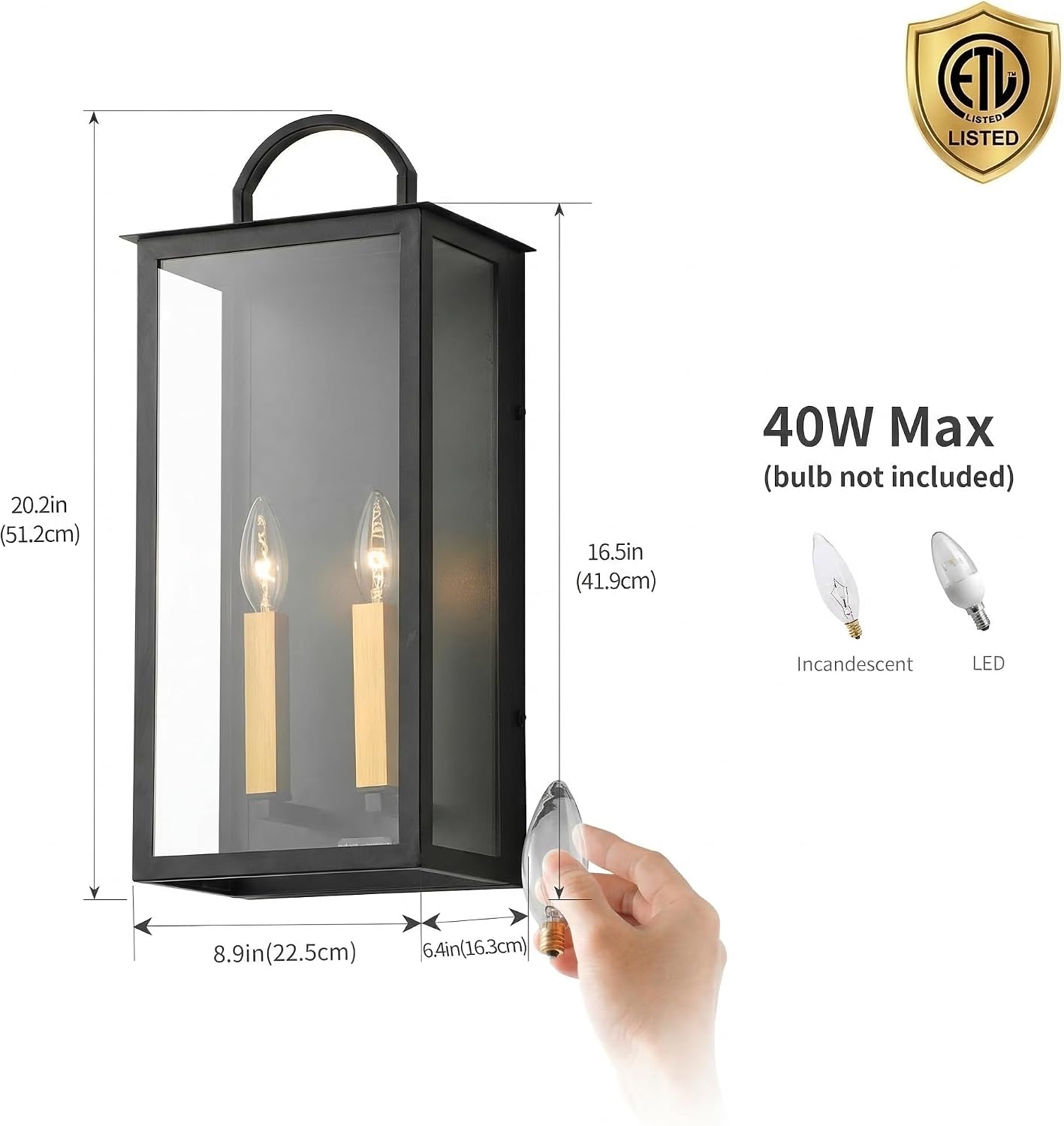 Lámpara pared exterior 20pulg impermeable rectángulo negro