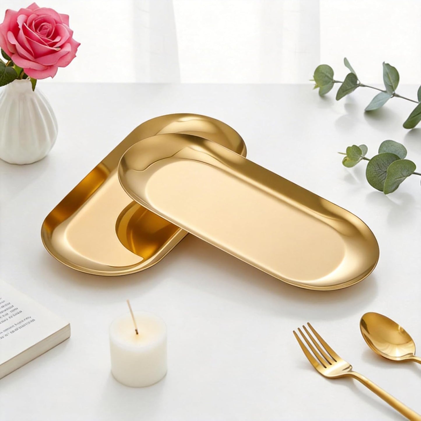 Bandeja decorativa dorada para joyas y accesorios, 2 platos ovalados de acero inoxidable