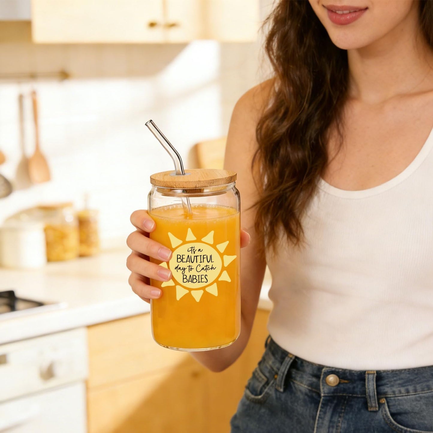 Vaso de vidrio para enfermeras con tapa y pajilla 14 oz regalo boho
