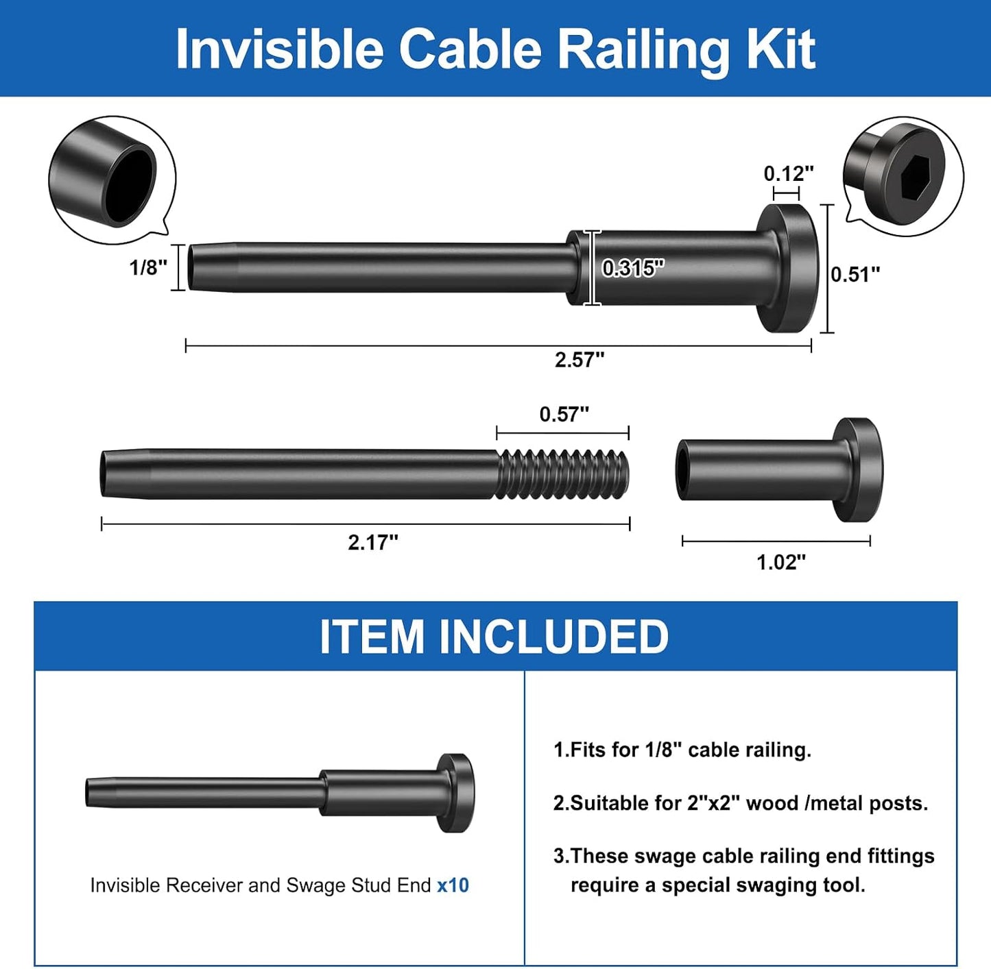 Pack 10 Barandillas Cable Invisible Negro Acero Inox