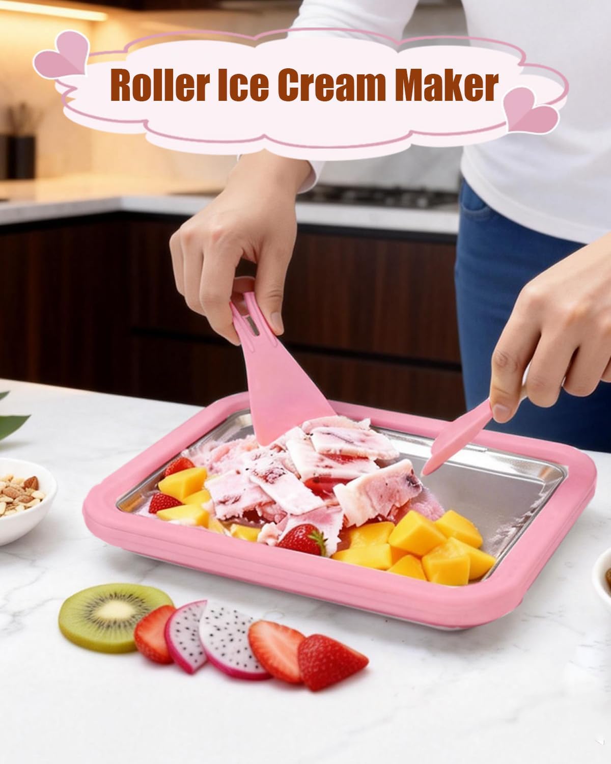 Máquina de helados enrollados doméstica con sartén de acero inoxidable