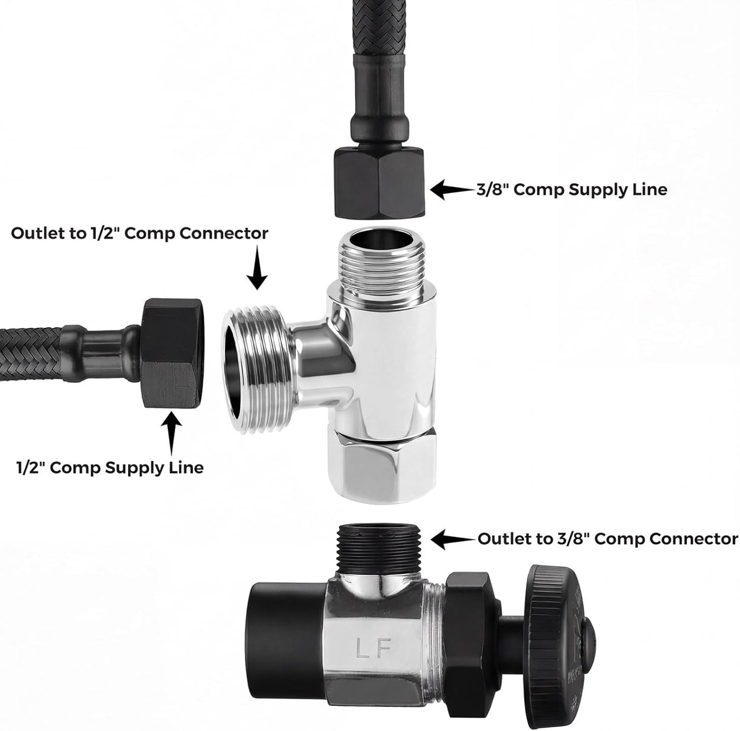 Conector T latón 3/8 y 1/2 pulgadas para manguera bidé