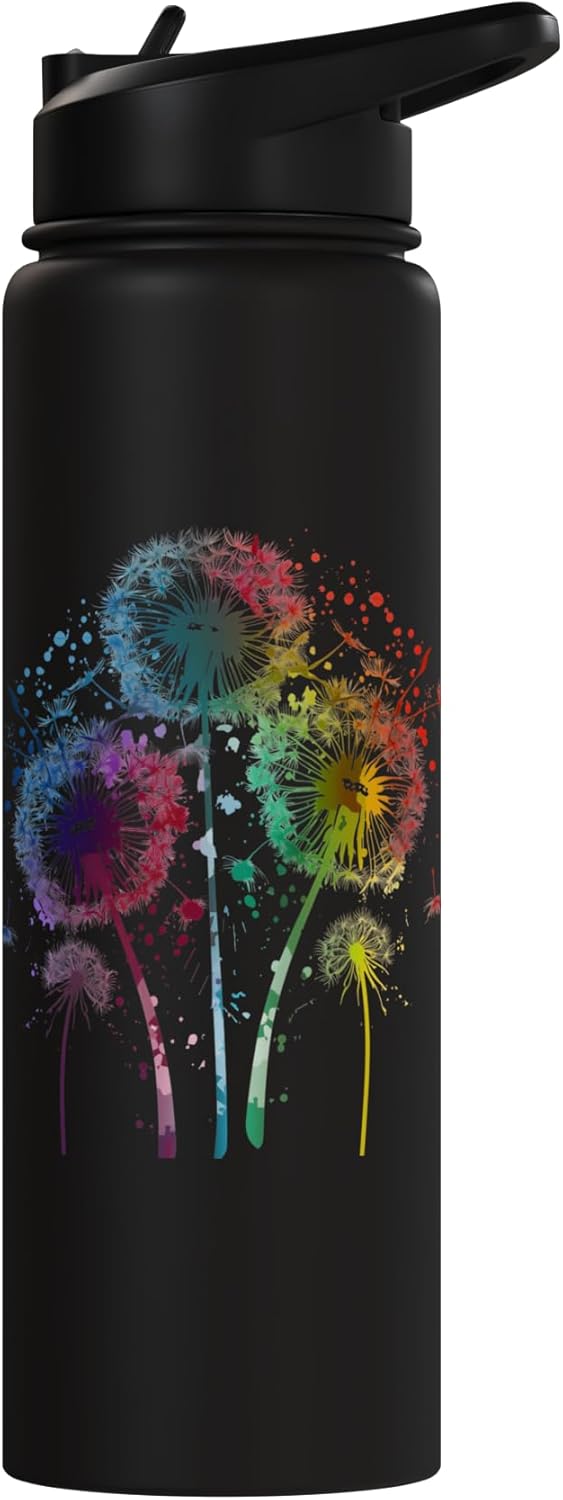 Botella de agua acero inoxidable aislada con pintura de flores de diente de león