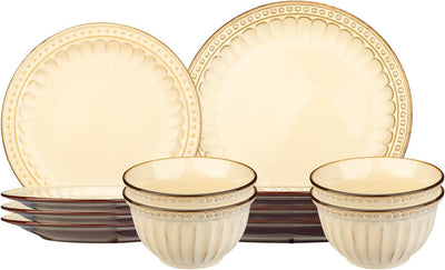 Set 12 Pzas Vajilla Cerámica Beige Retro Apto Microondas