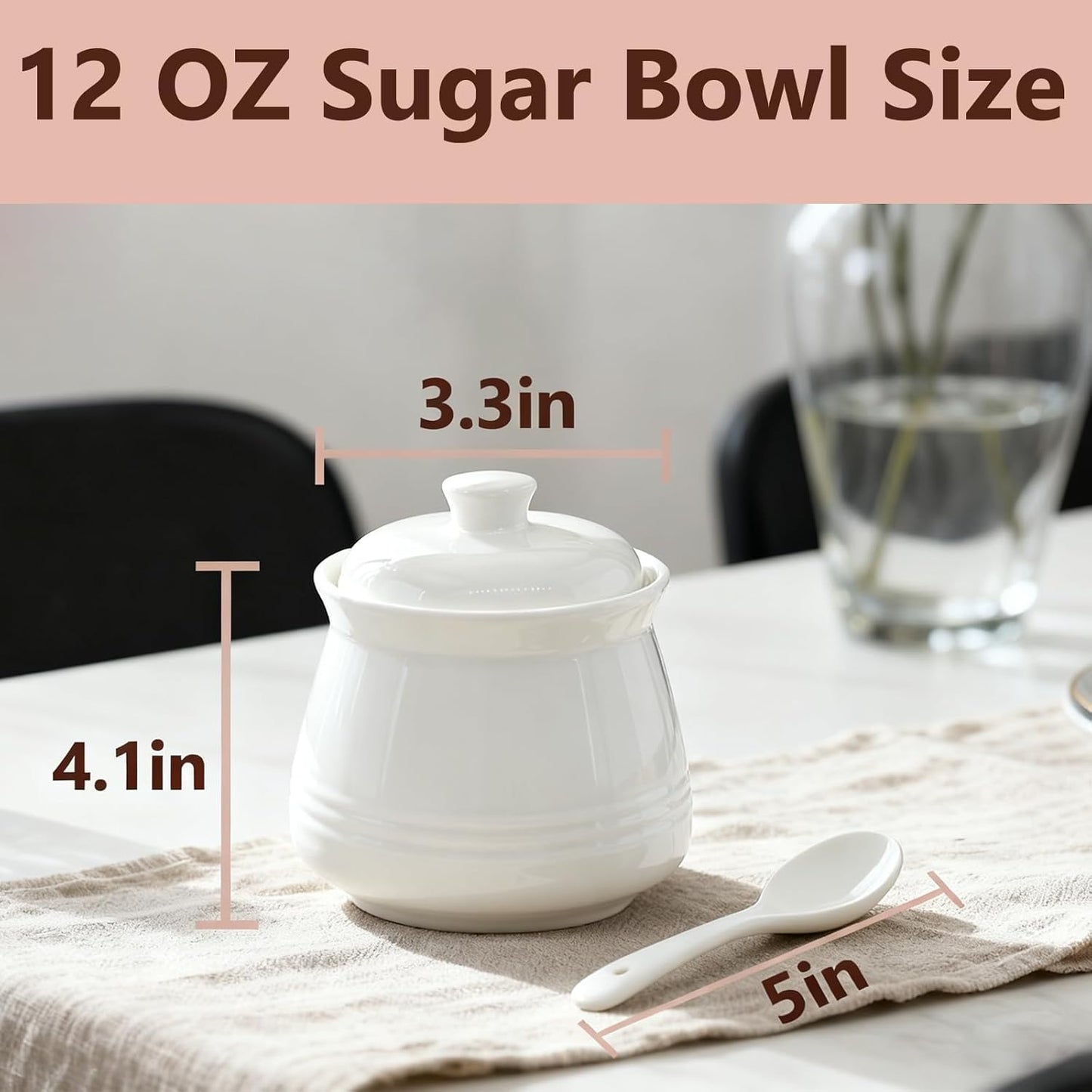 Tarro azúcar porcelana con tapa y cuchara 12oz blanco