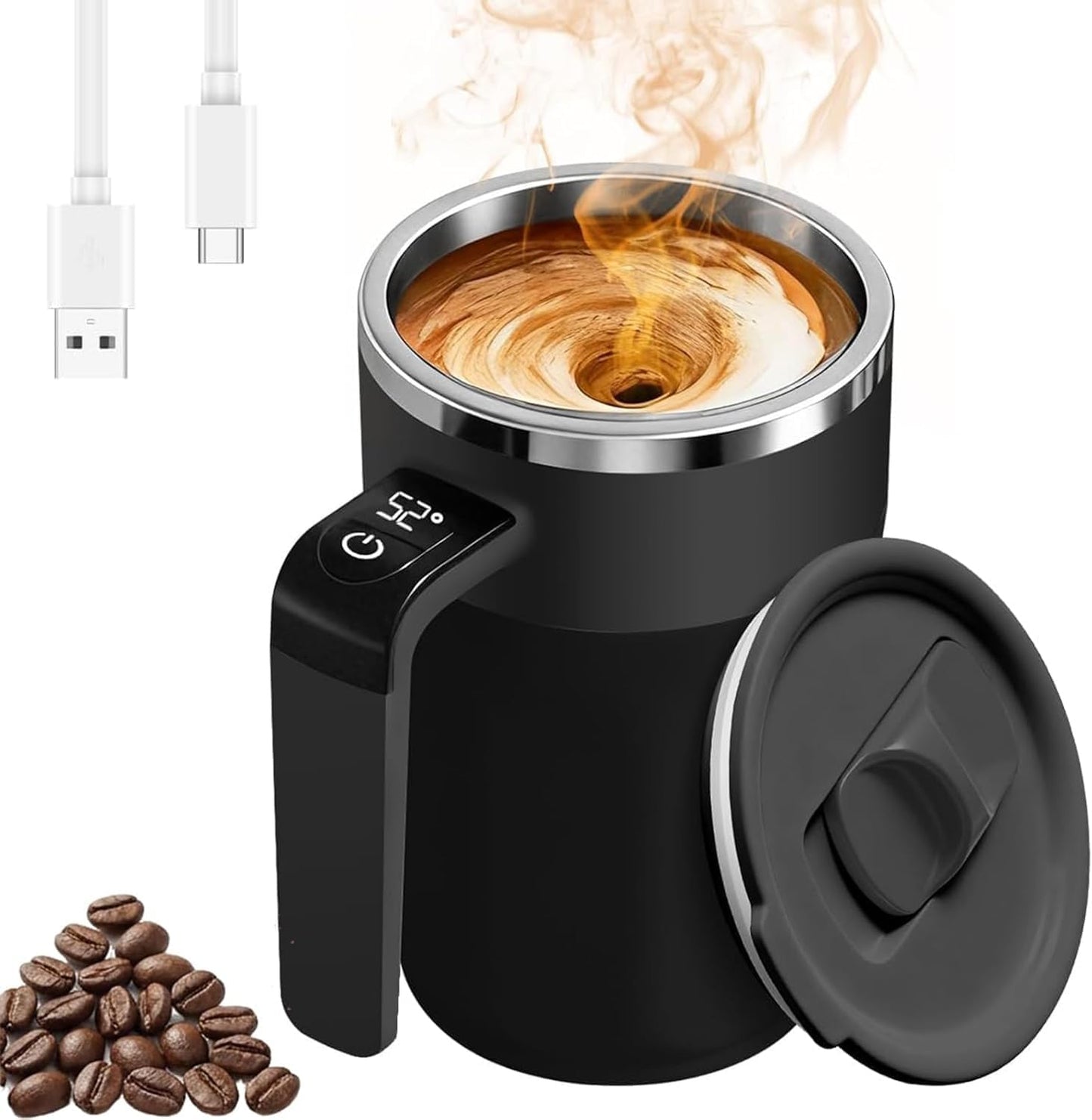 Taza recargable con agitación automática de 13.5 oz en acero inoxidable negro
