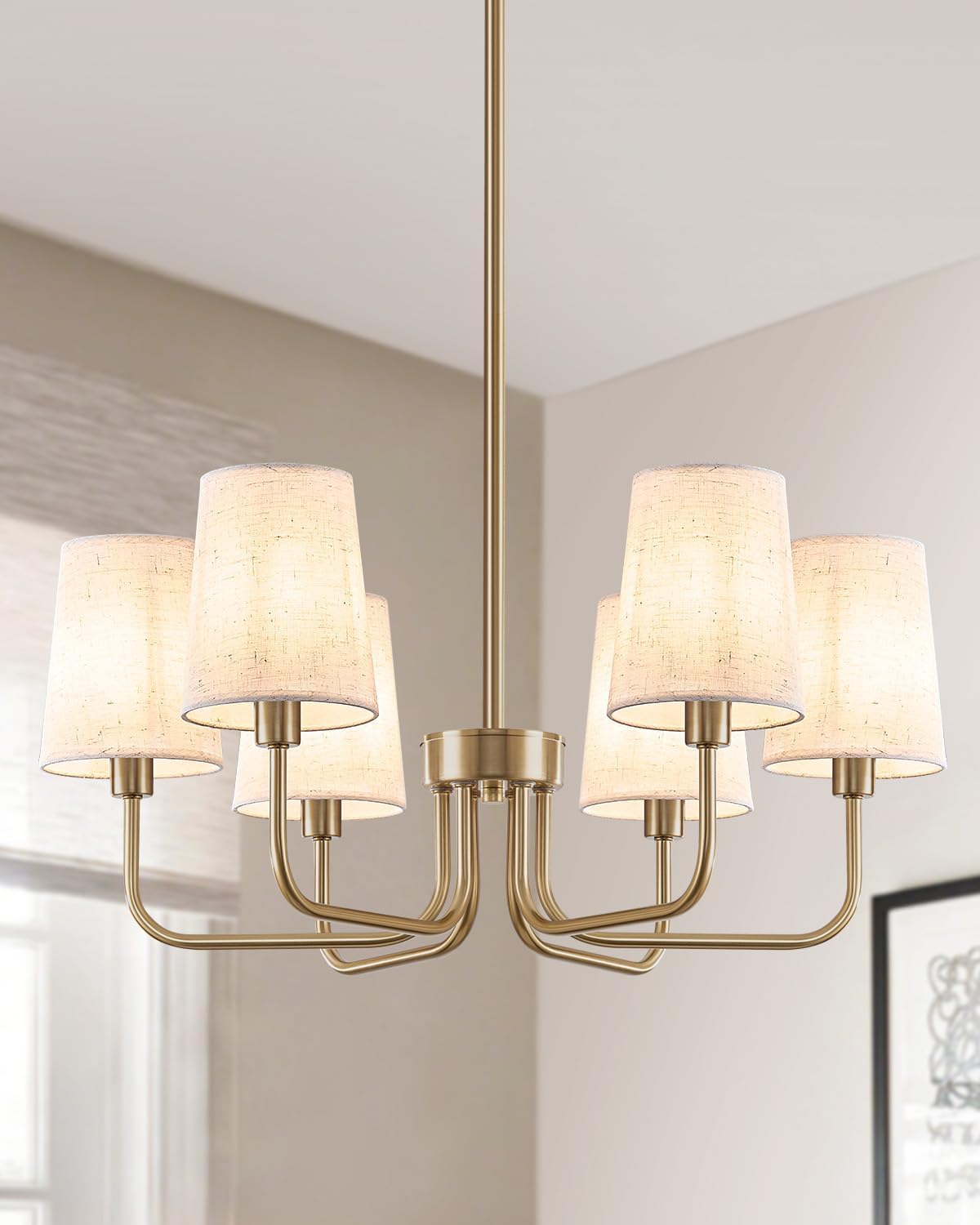 Candelabro bronce champán 6 luces pantallas lino moderno 25pulg
