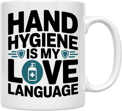 Taza de café para enfermeras con mensaje de higiene de manos