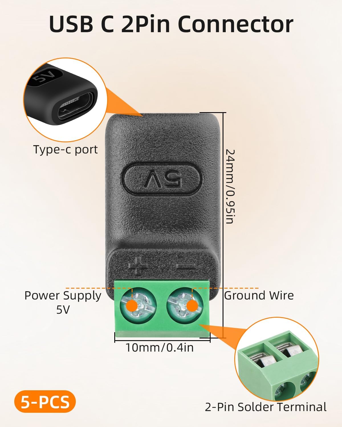 Adaptador USB C hembra a 2 pines sin soldadura set 5