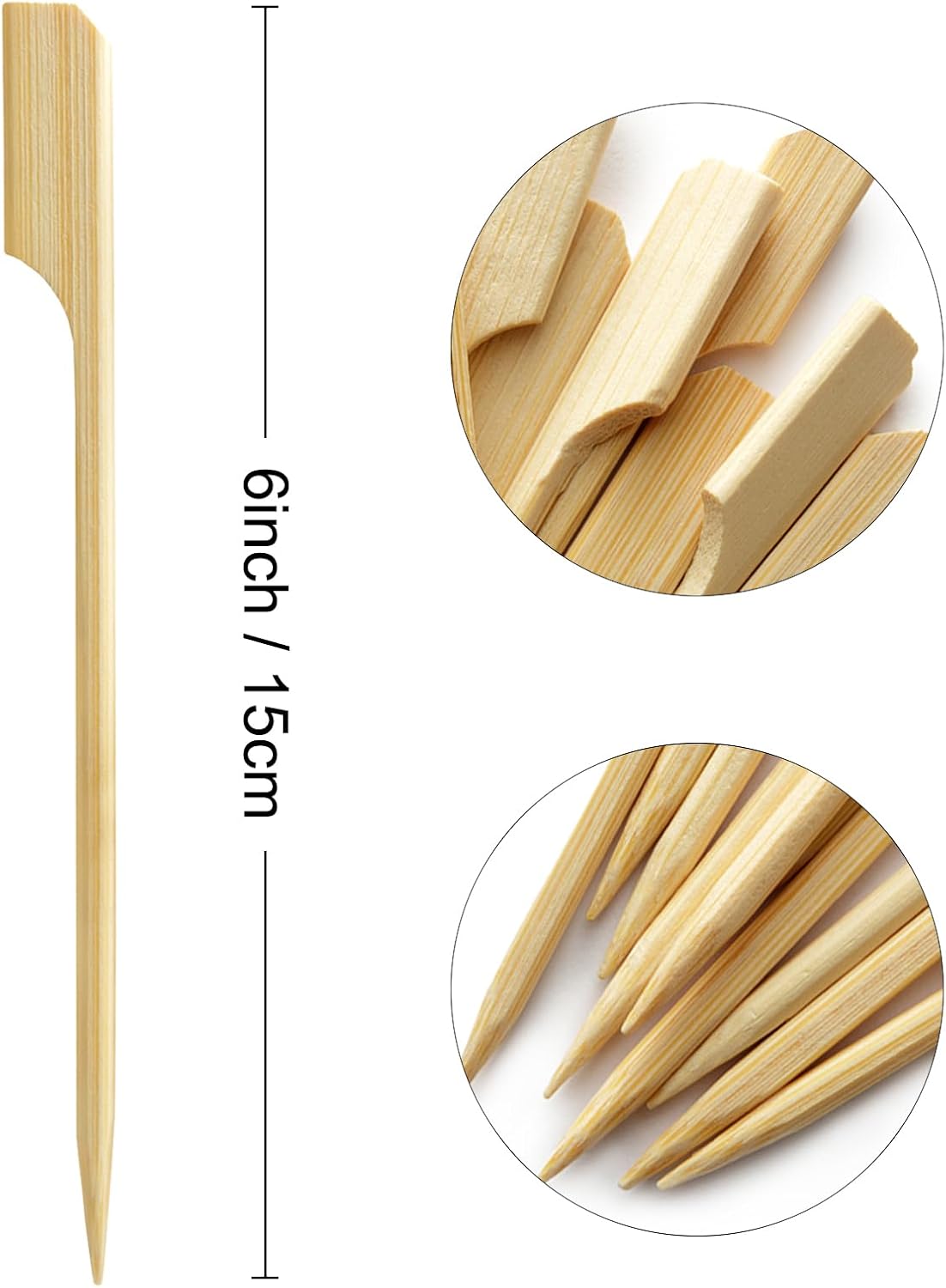 200 Palillos Bambú 6pulg Resistentes para Frutas Barbacoa