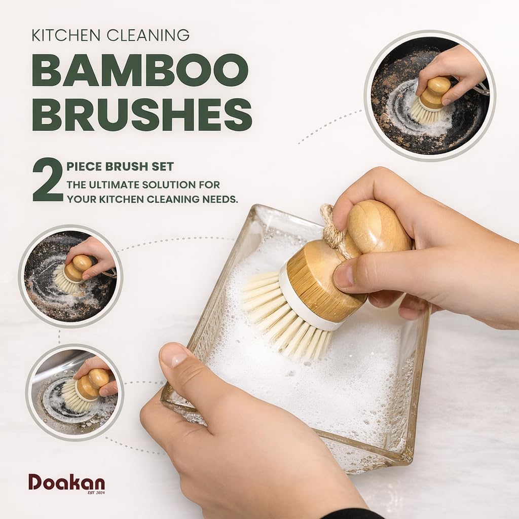 Set 2 cepillos cocina bambú con asas ergonómicas 2.6x2.6x3.9pulg