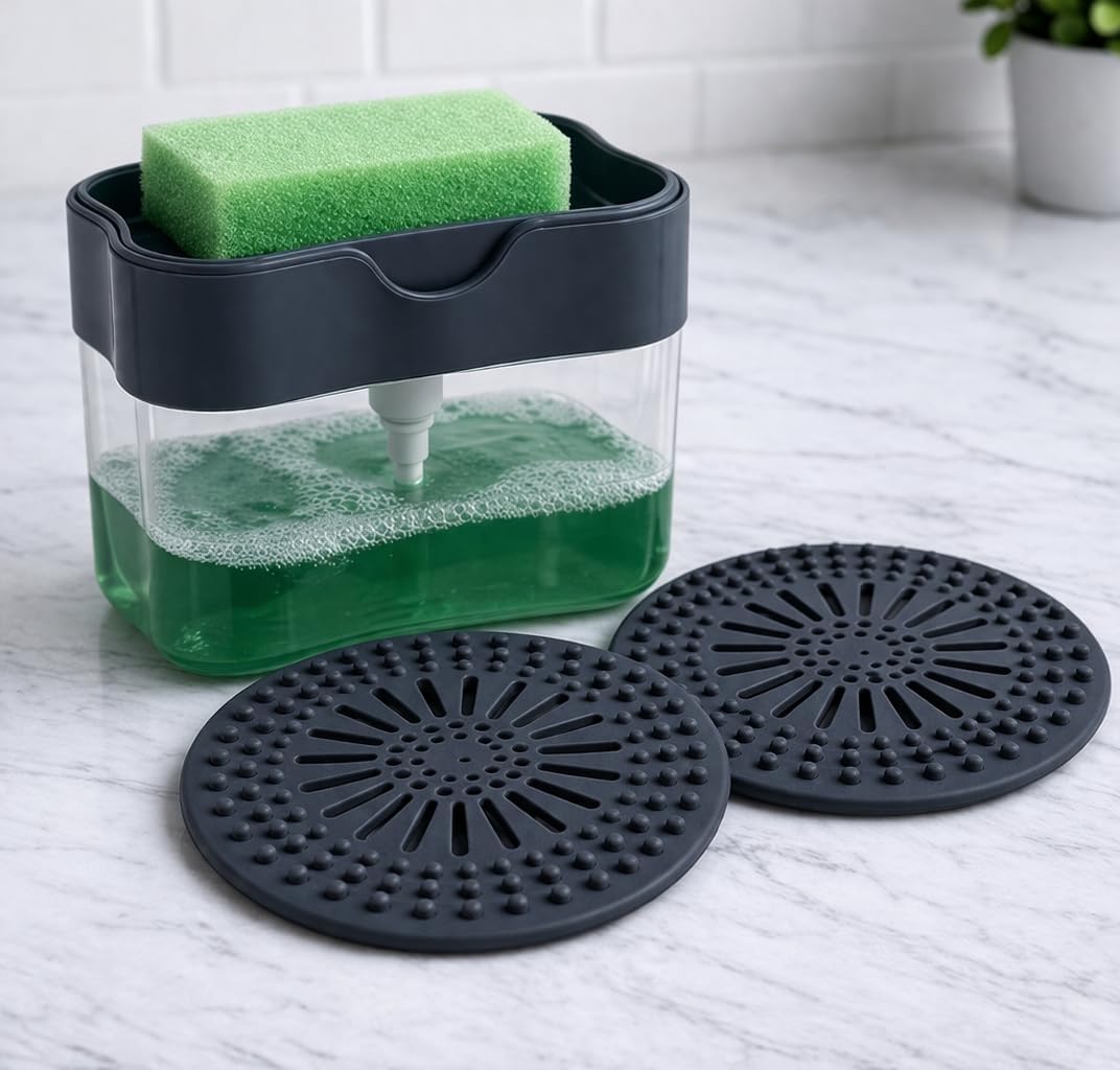 Juego de 4 accesorios para fregadero gris oscuro con dispensador de jabón, esponja y coladores de silicona