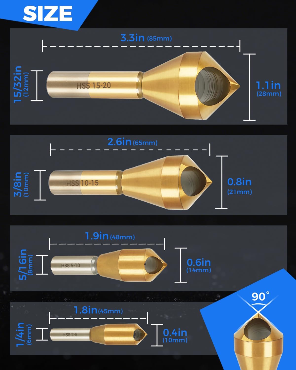 Set 4 Brocas Avellanadas 90 Grados para Madera y Metal SAE