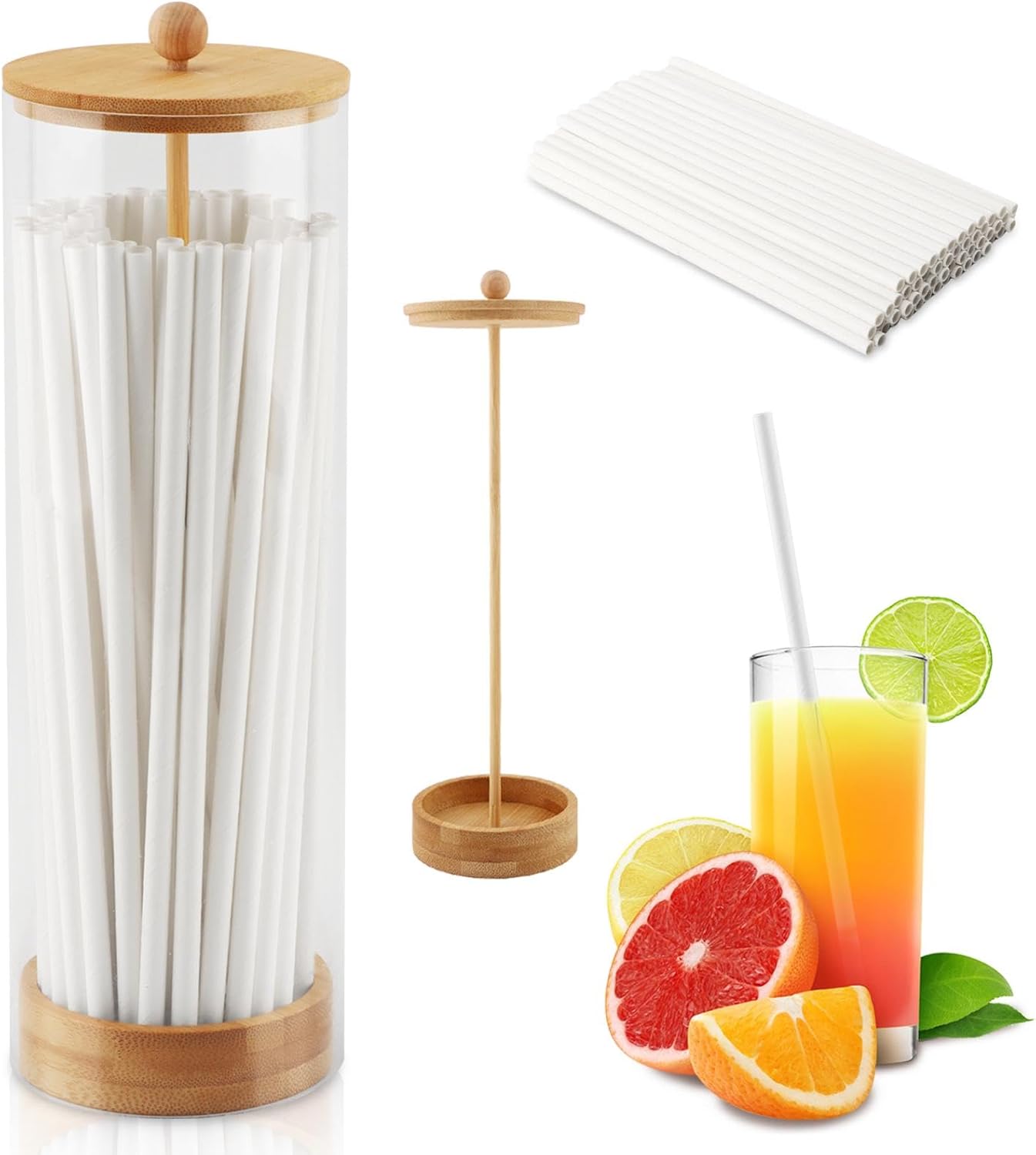 Dispensador de pajitas de acrílico con tapa de madera 100 popotes incluidos