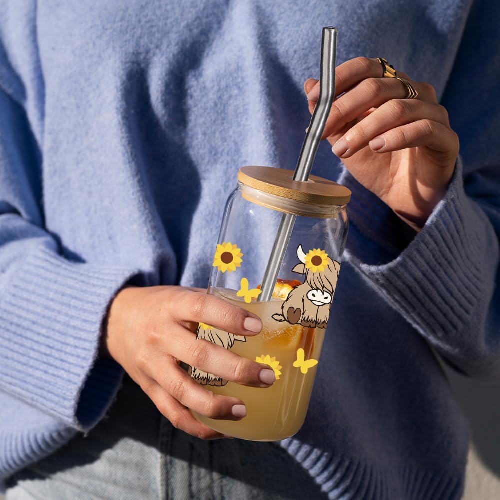 Taza de vidrio Highland Cow con tapa y pajita, regalo para mujeres amantes del café