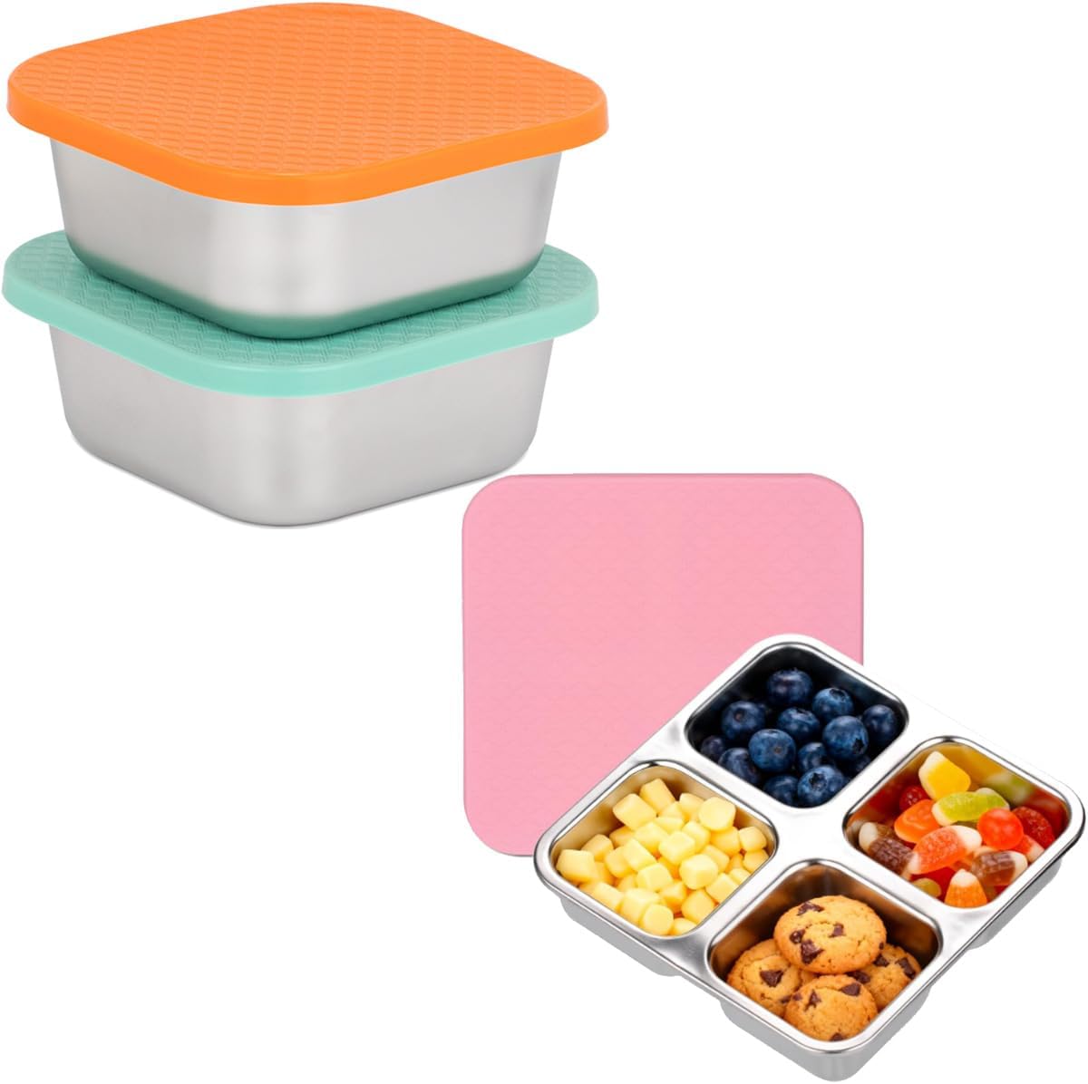 2 Pzas Contenedor Snacks Acero Inox 4 Compartimentos