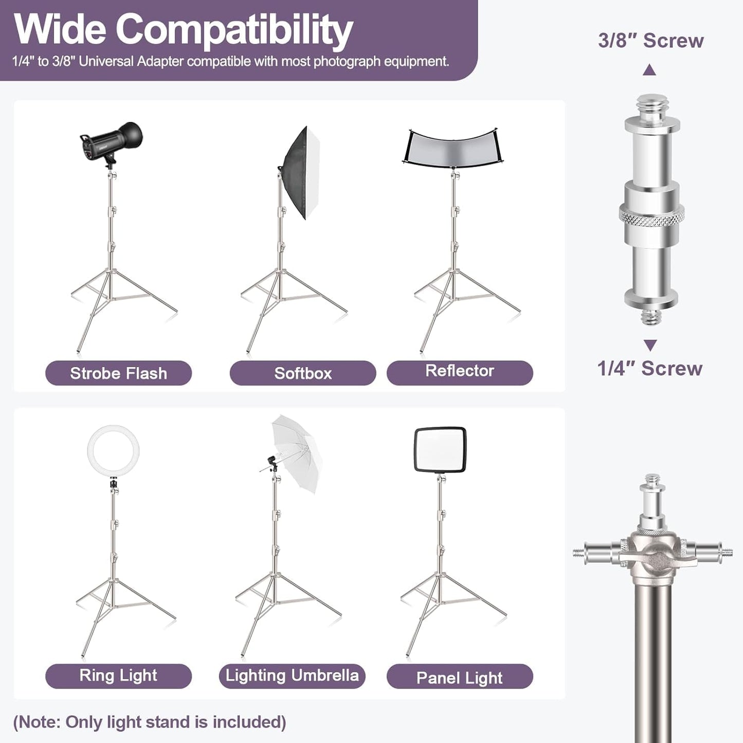 Soporte luz acero inox 9.2ft trípode adaptador 1/4-3/8 set 2
