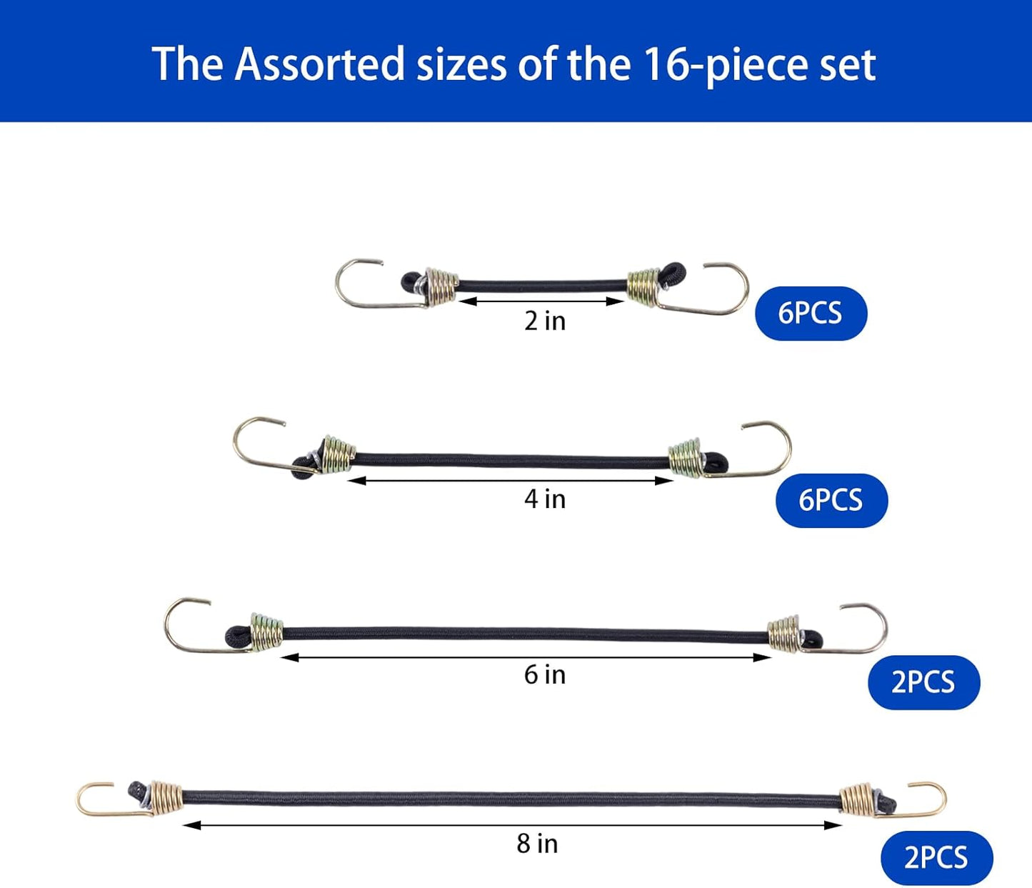 Pack 16 Cuerdas Bungee Negro con Gancho para Tienda de Campaña