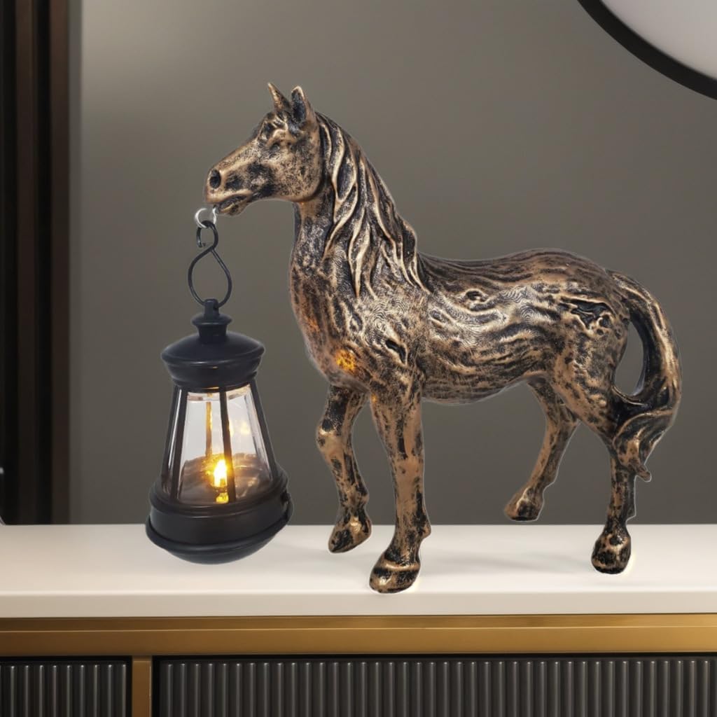 Linterna solar caballo bronce resina luz LED jardín