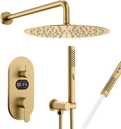 Grifo ducha redondo 10pulg con rociador mano dorado cepillado