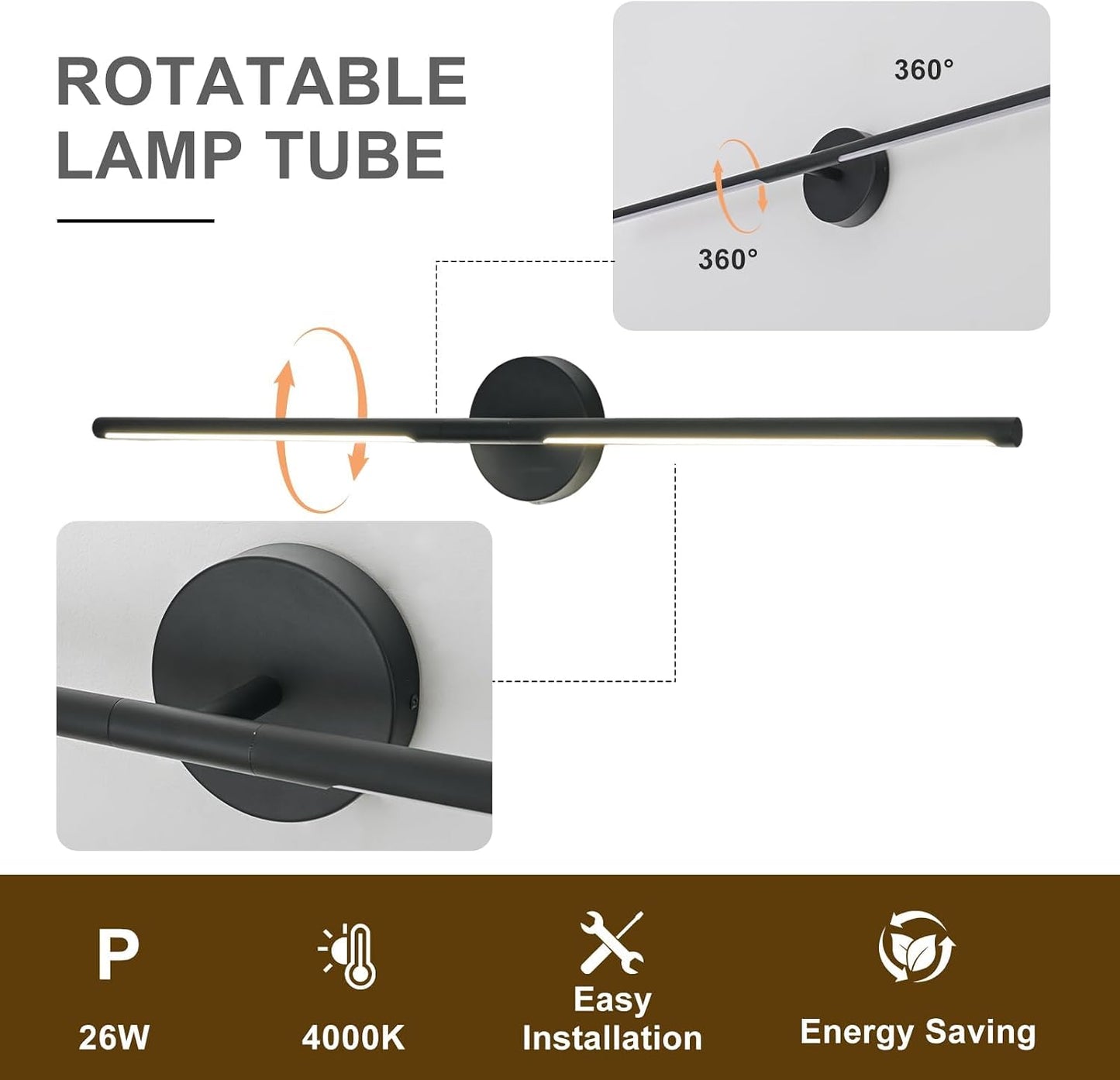 Lámpara baño negra mate sobre espejo 36pulg LED 26W regulable