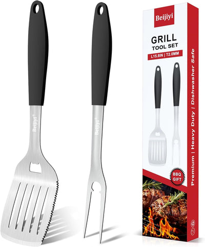 Set 2 Herramientas Parrilla Acero Inox Espátula Tenedor Silicona