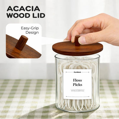 Juego dispensadores vidrio Qtip 15oz y 10oz tapas acacia