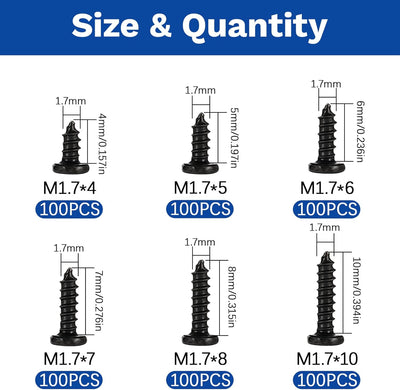 Set 600 s tornillos autorroscantes M1.7x4-10 acero carbono negro