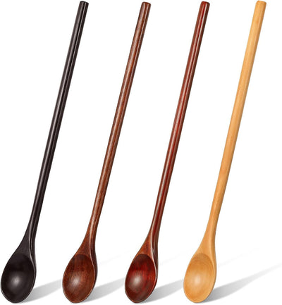 4 cucharas de madera de mango largo para cocinar, té, sopa, café y cócteles