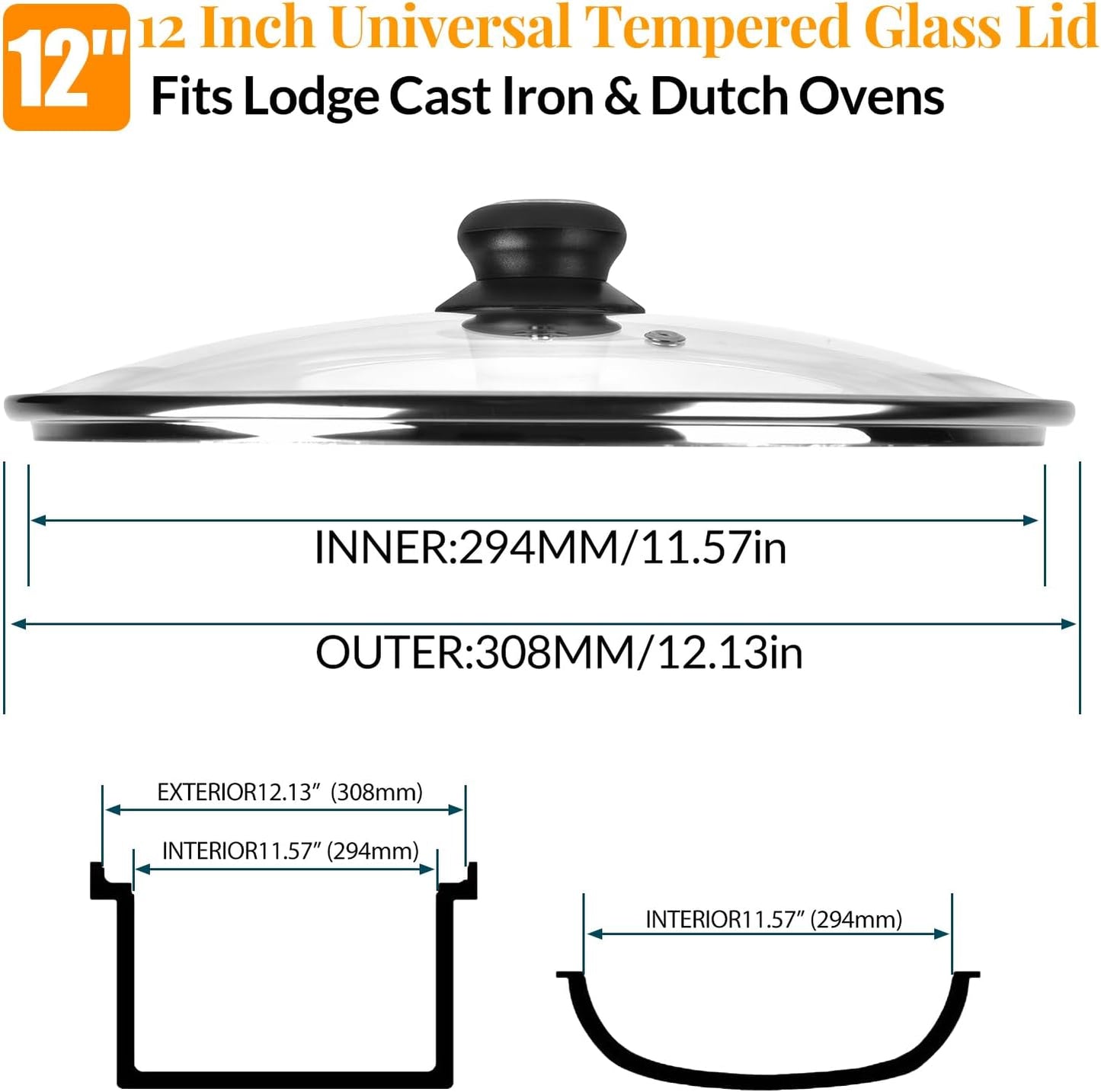 Tapa de vidrio templado 12 pulgadas para sartén con borde de acero inoxidable