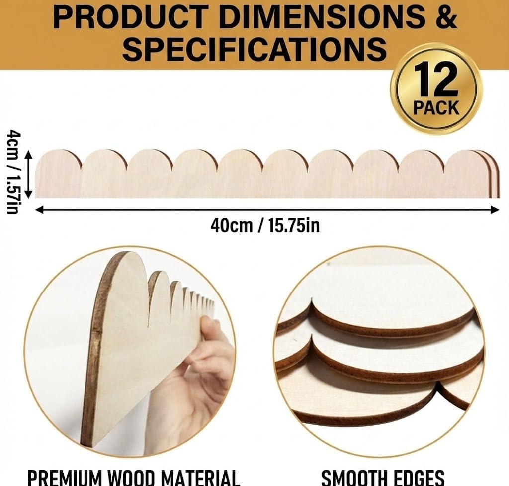 12 Adornos Madera Festoneados Sin Terminar 15.75x1.57pulg