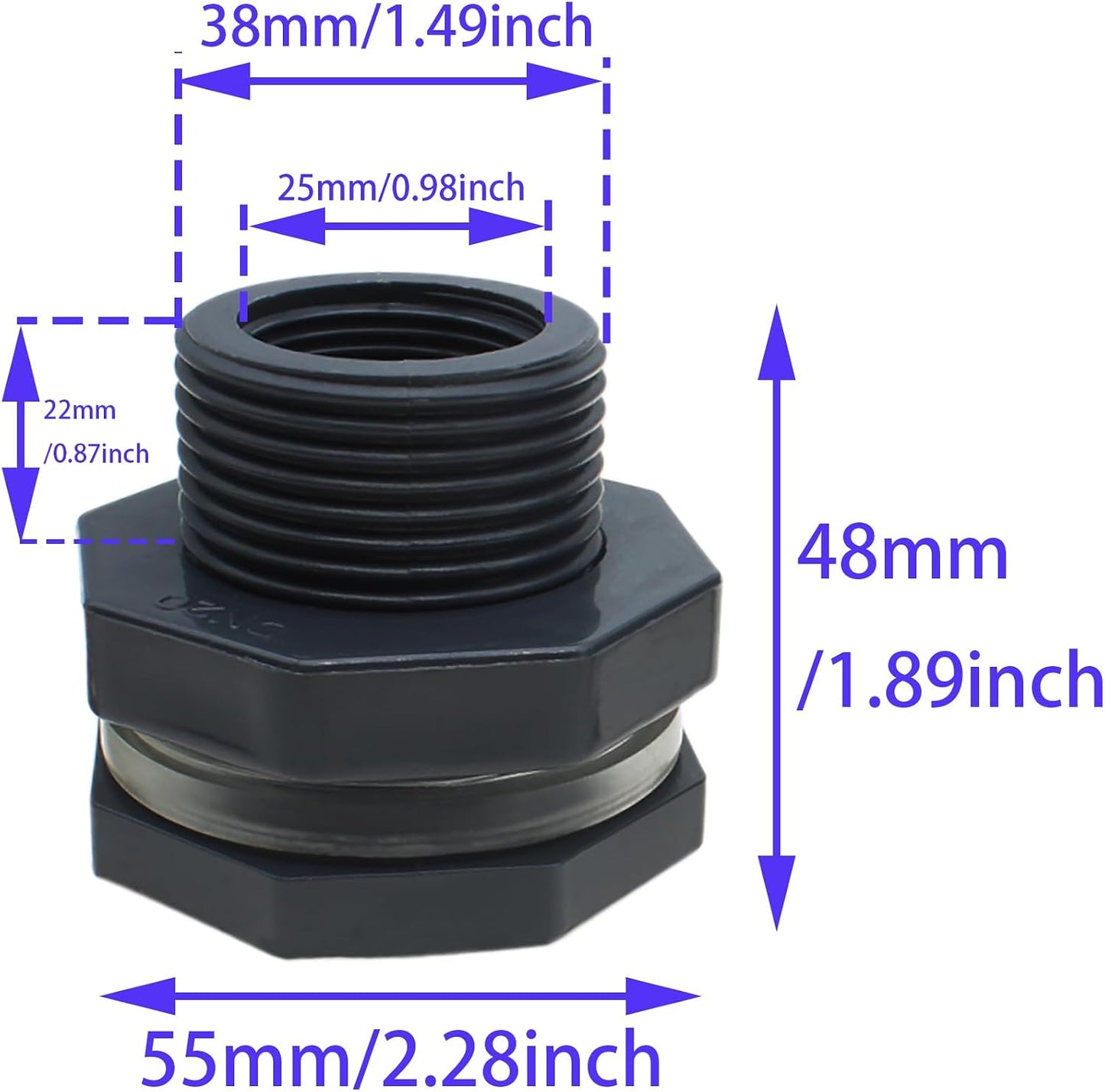 Conector 3/4pulg PVC gris con junta para barriles y acuarios 2uds
