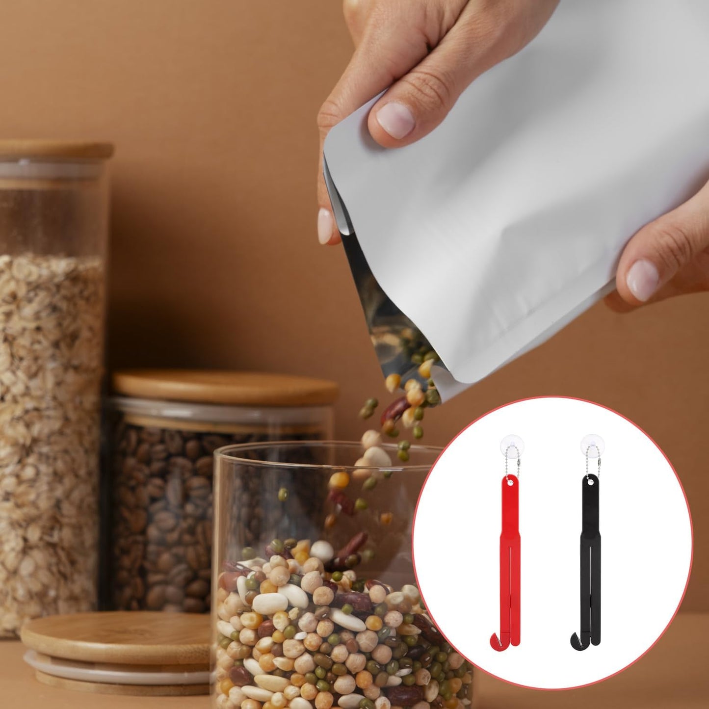 Abridor de bolsas de alimentos con hoja de acero inoxidable y exprimidor